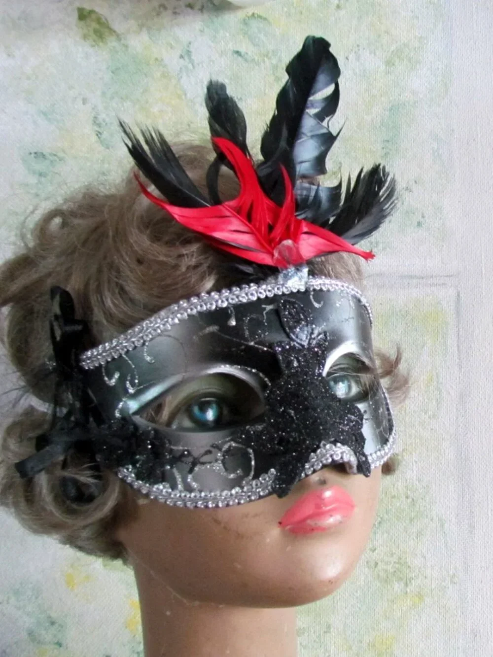 HALLOWEEN MASK, MOLDED w SPARKLES, SILVER BRAID, & FEATHERS